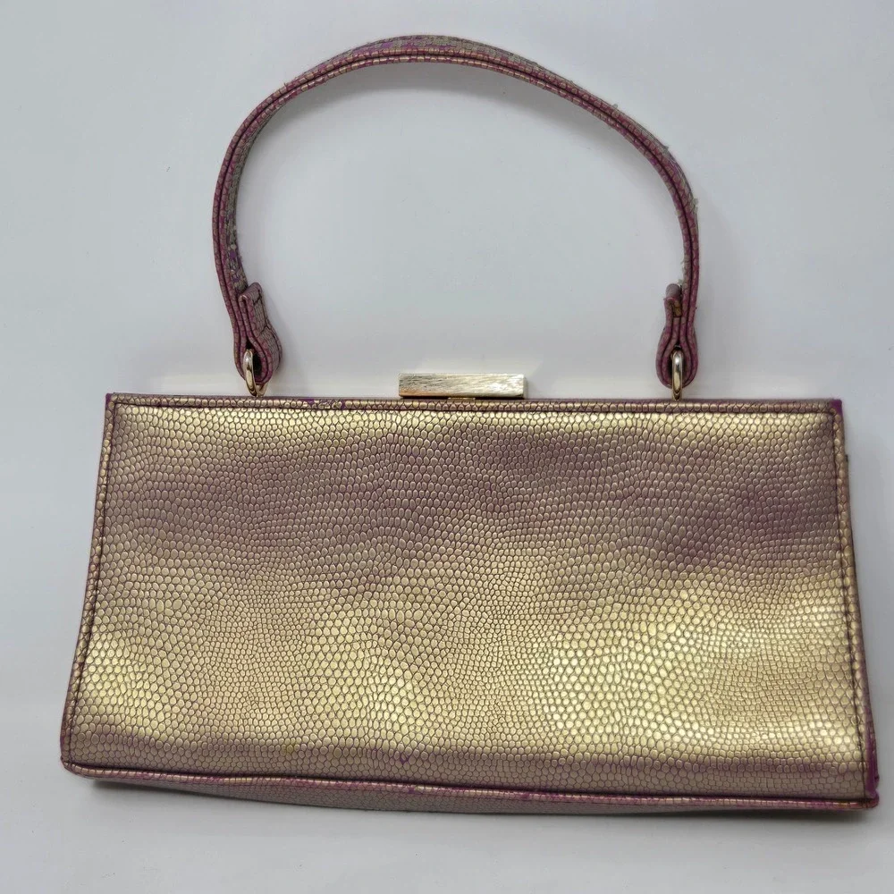 Carlos Santana Metallic Gold‎ Purple Snakeskin Embossed Frame Clutch Handbag